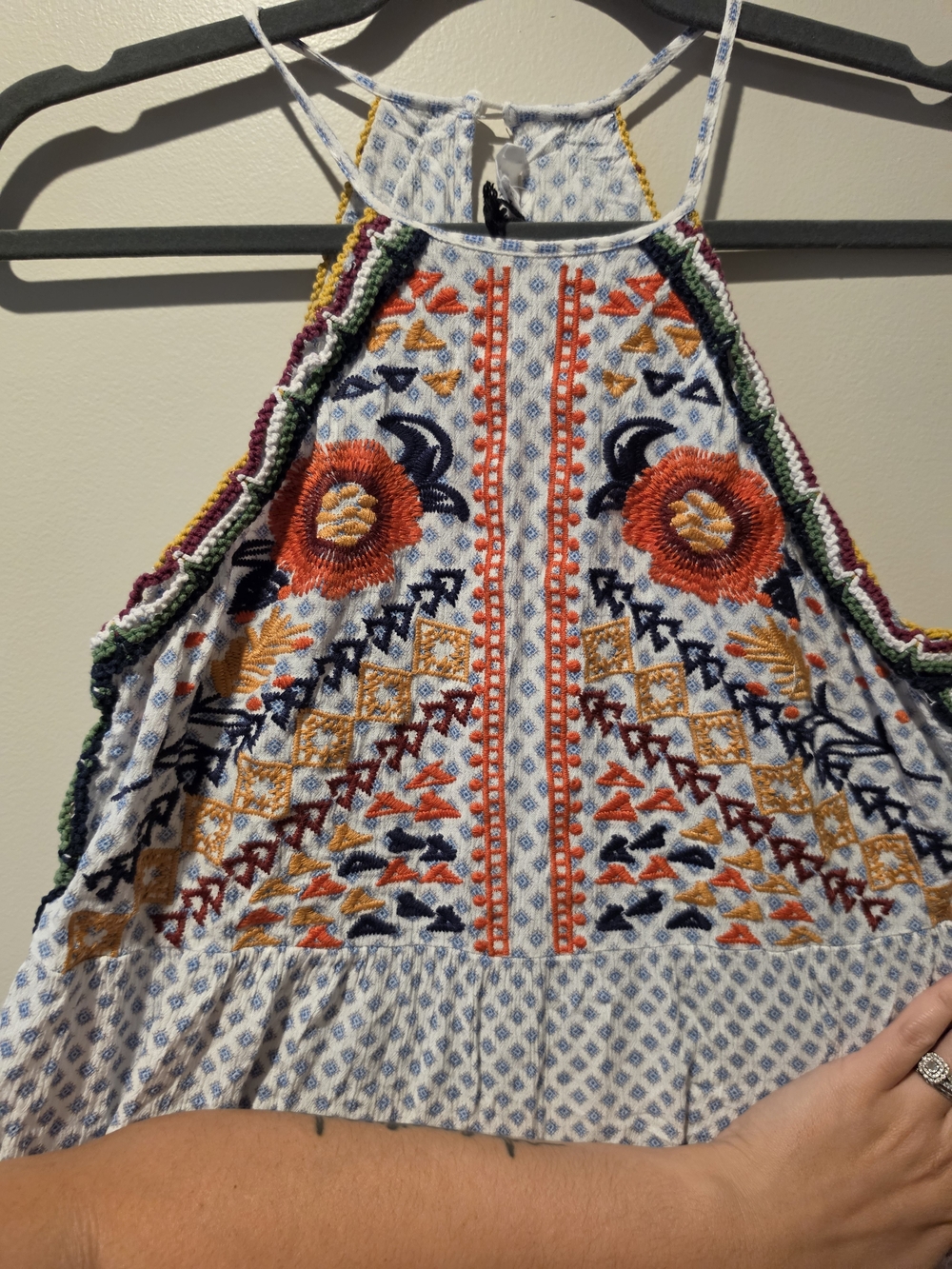 THML White and Blue Embroidered Halter Dress with Multicolor Accents - Picture 2 of 5